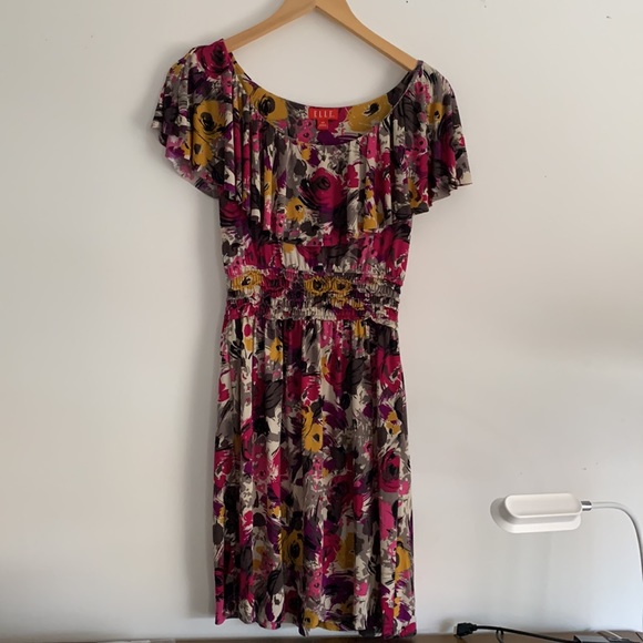 Elle | Floral Dress Off The Shoulder XS Abstract Soft Flowers Summer Flowy - Picture 7 of 8